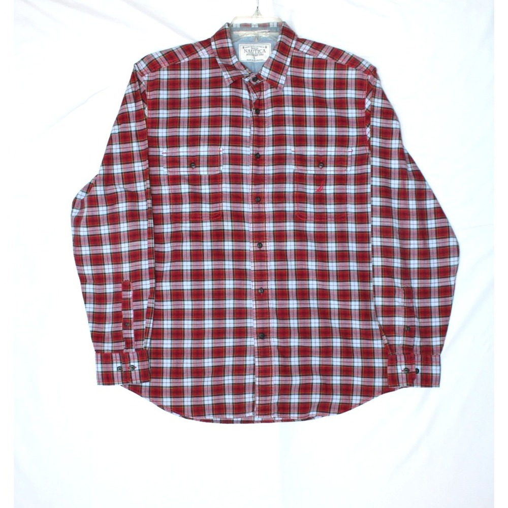 Nautica Mens True Craftsmanship Red Tartan Plaid Long Sleeve Cotton Shirt Lg